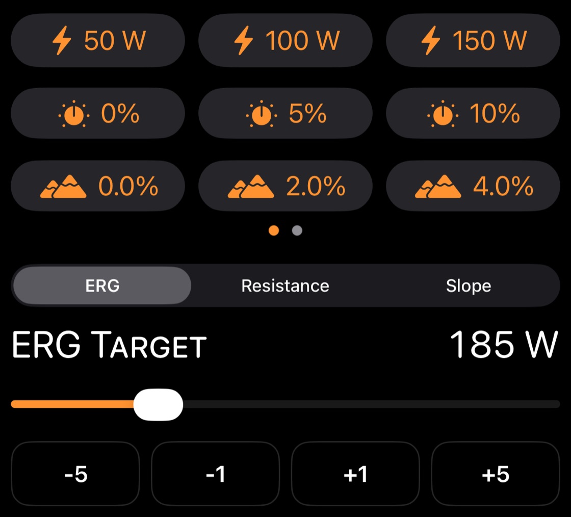 Power, resistance and slope shortcuts above the ERG target of 185 watts, with -5, -1, +1 and +5 steps