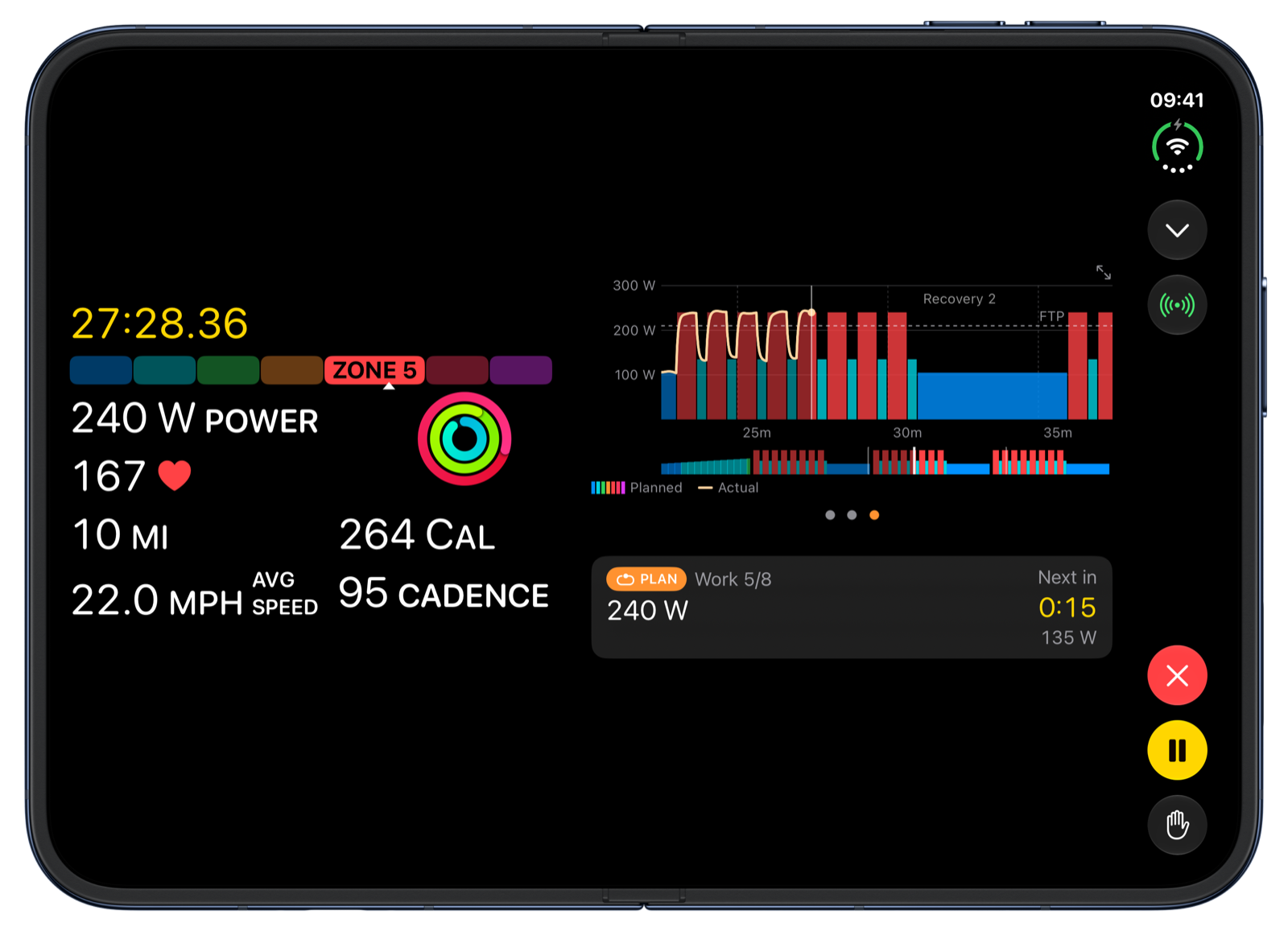 Klemy Cycling holding 240 watts in a planned ride, on an open iPhone Duo
