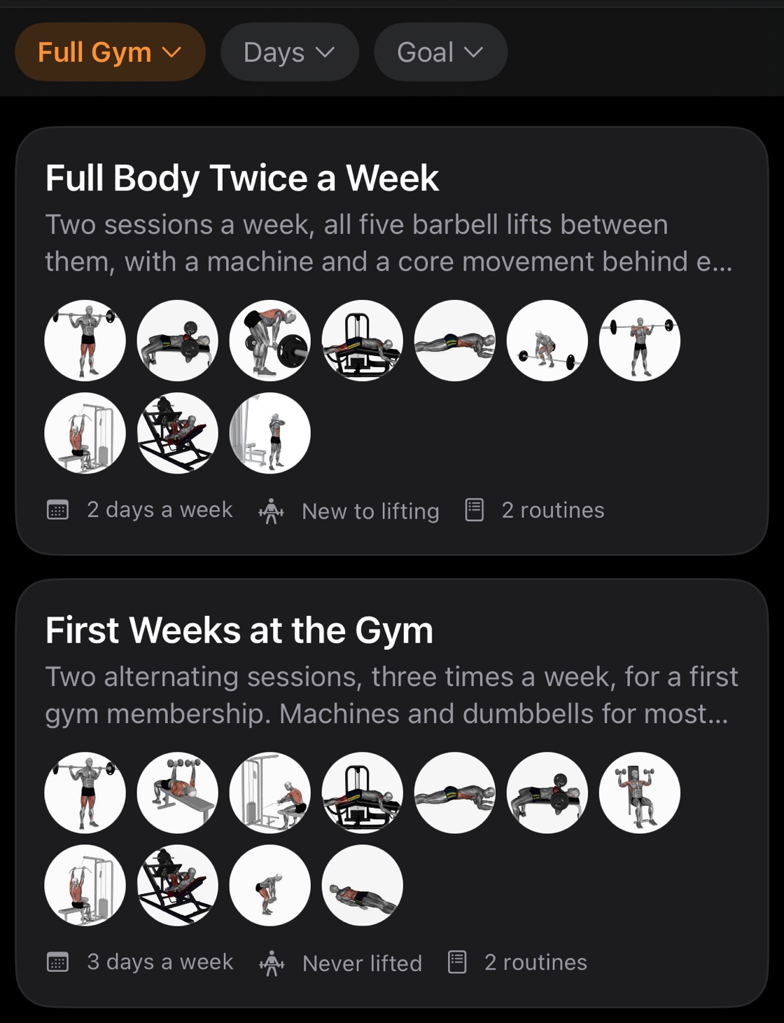 The program browser on the Full Gym shelf, with Days and Goal filters: Full Body Twice a Week and First Weeks at the Gym, each with its exercises, days a week, experience level and routine count