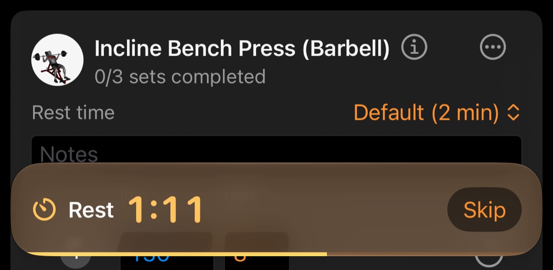 A rest timer at 1:11 with a Skip button, under the next exercise