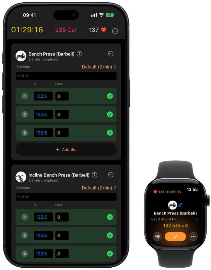 Klemy logging a bench press workout on iPhone and Apple Watch