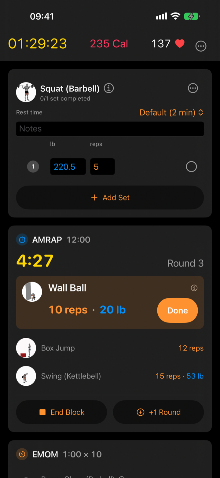 Klemy iPhone conditioning block running an AMRAP with a round counter