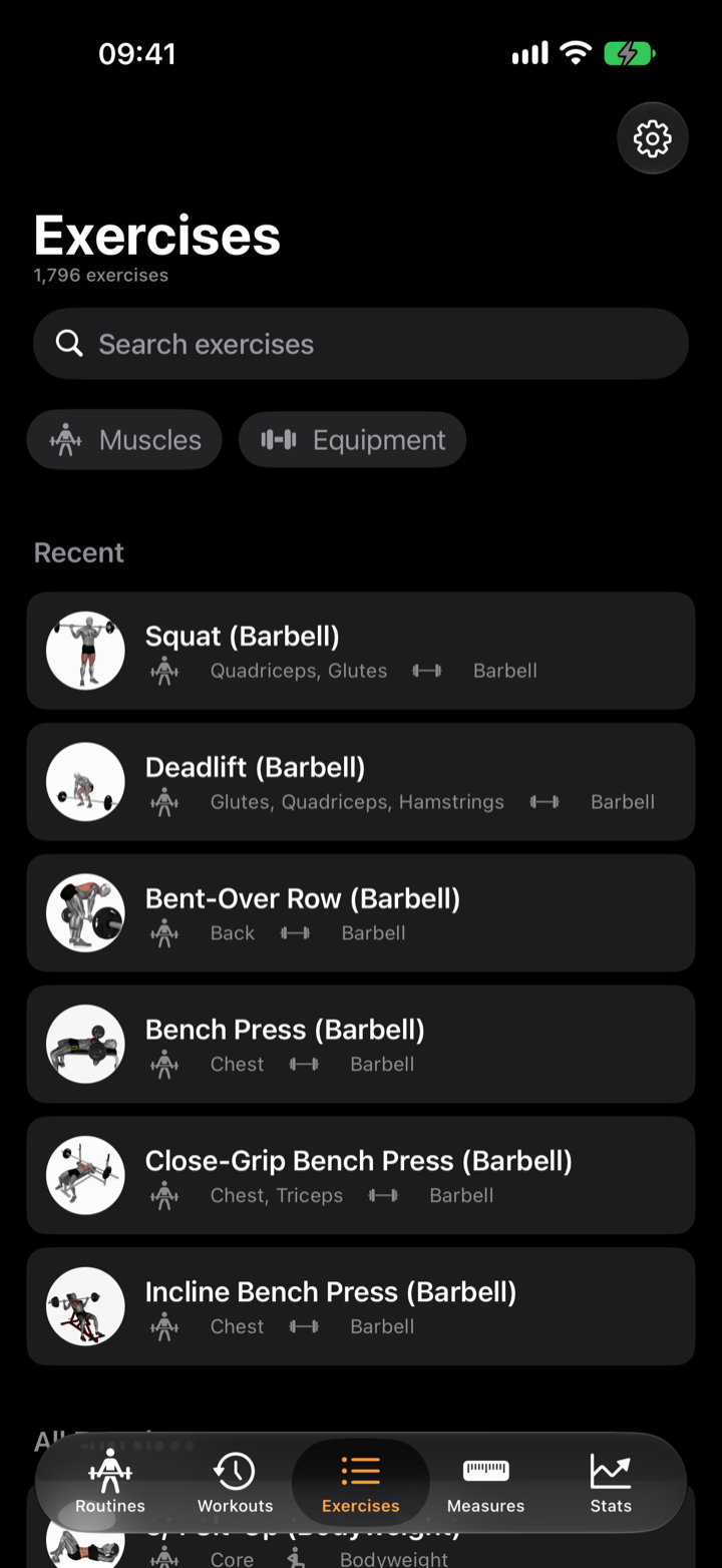 Klemy iPhone exercise library with muscle and equipment filters
