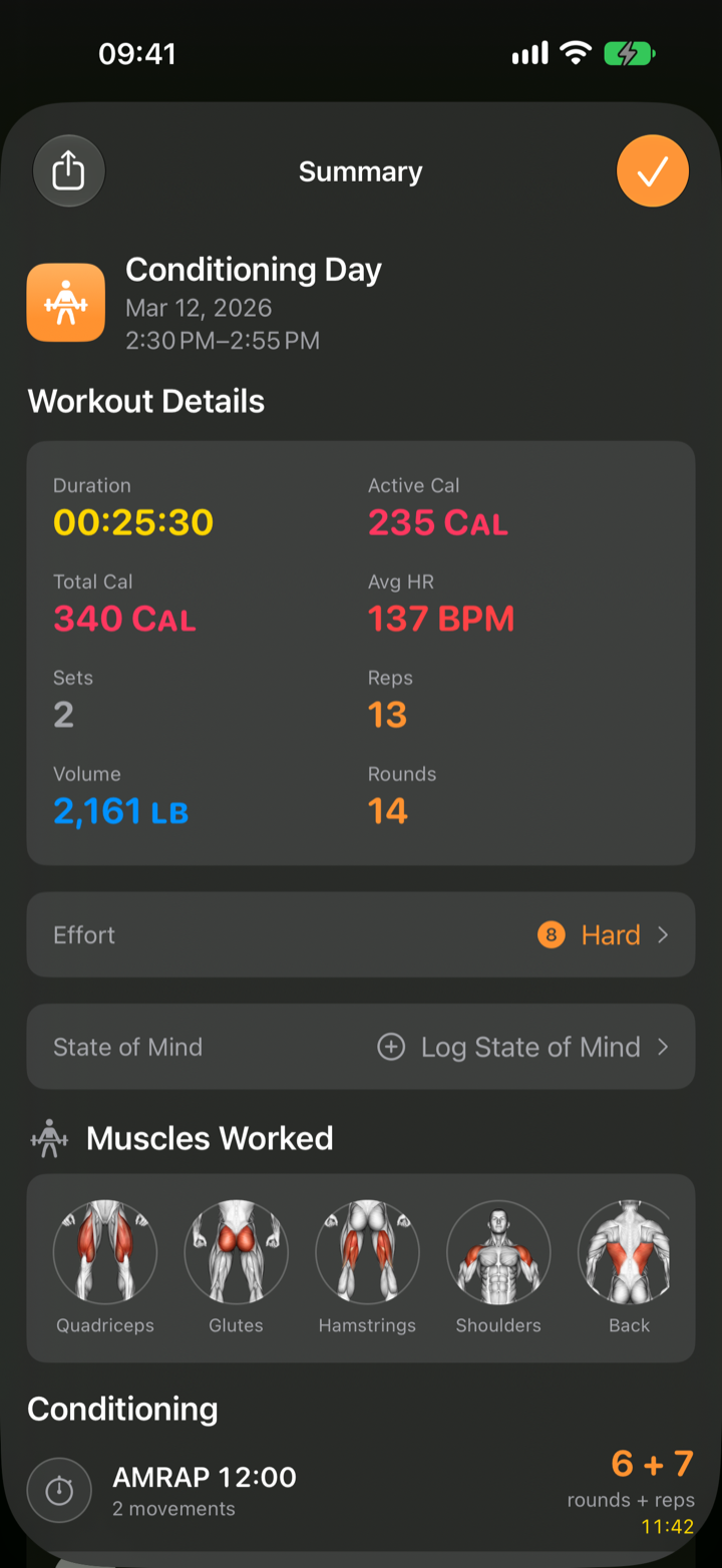 Klemy iPhone workout summary with duration, volume, heart rate and muscles worked
