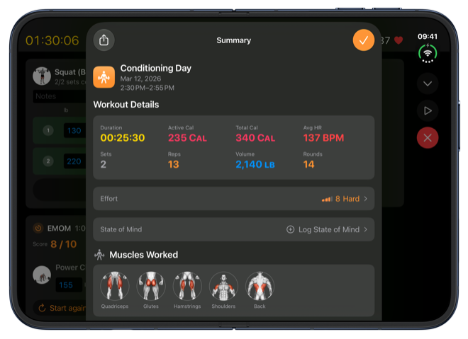 A workout summary on an open iPhone Duo