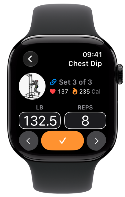 The chest dip set on Apple Watch: 132.5 lb for 8 reps