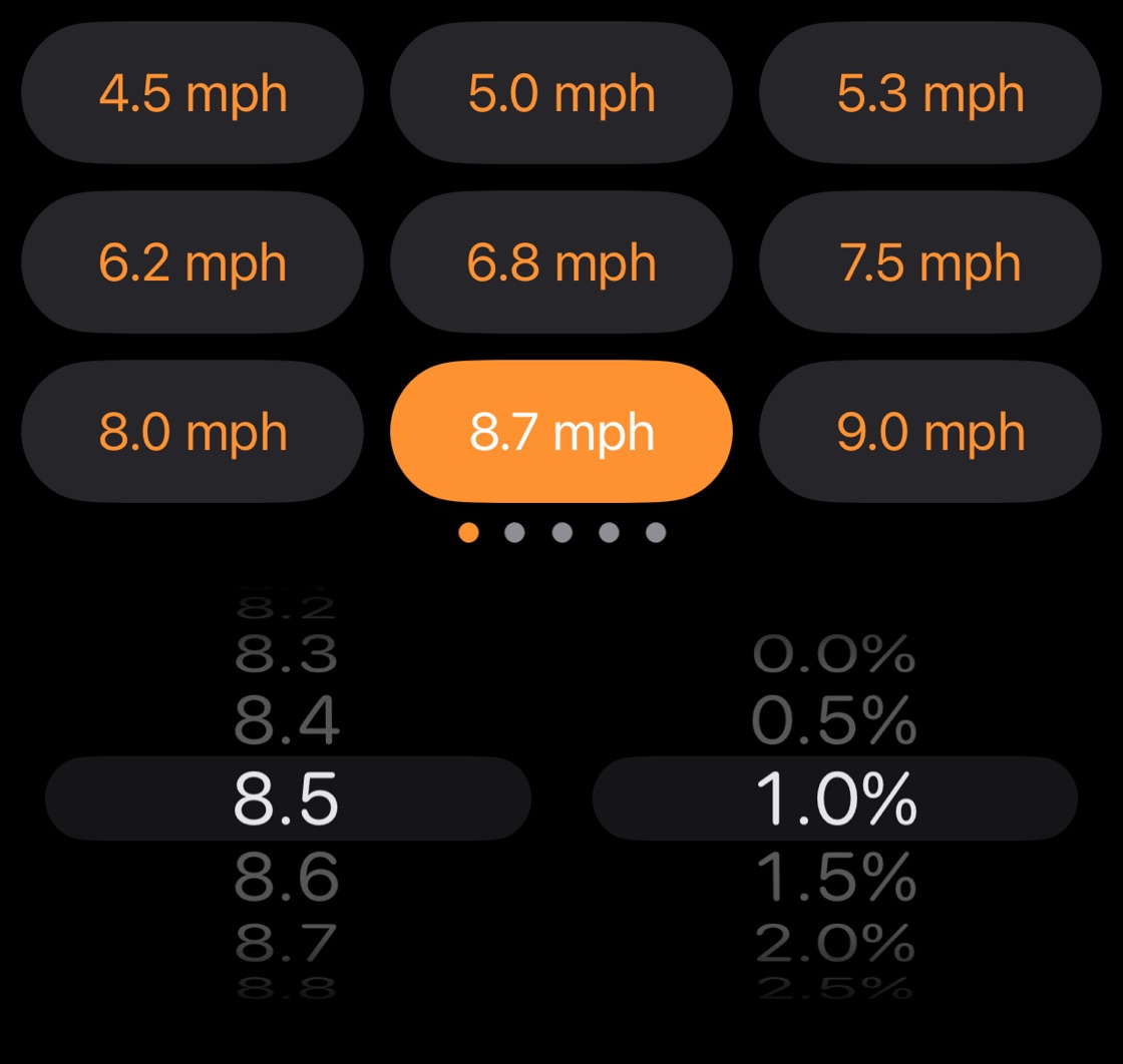 Nine speed shortcuts from 4.5 to 9.0 mph above the speed and incline pickers