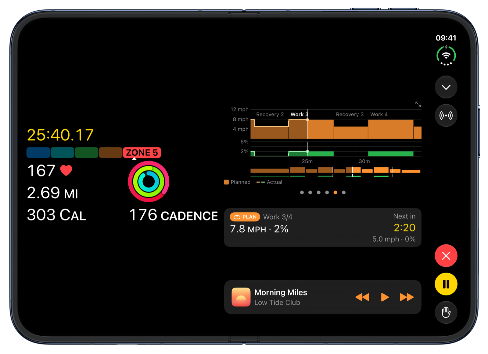 Klemy Treadmill running a planned workout, its chart at Work 3 of 4, on an open iPhone Duo