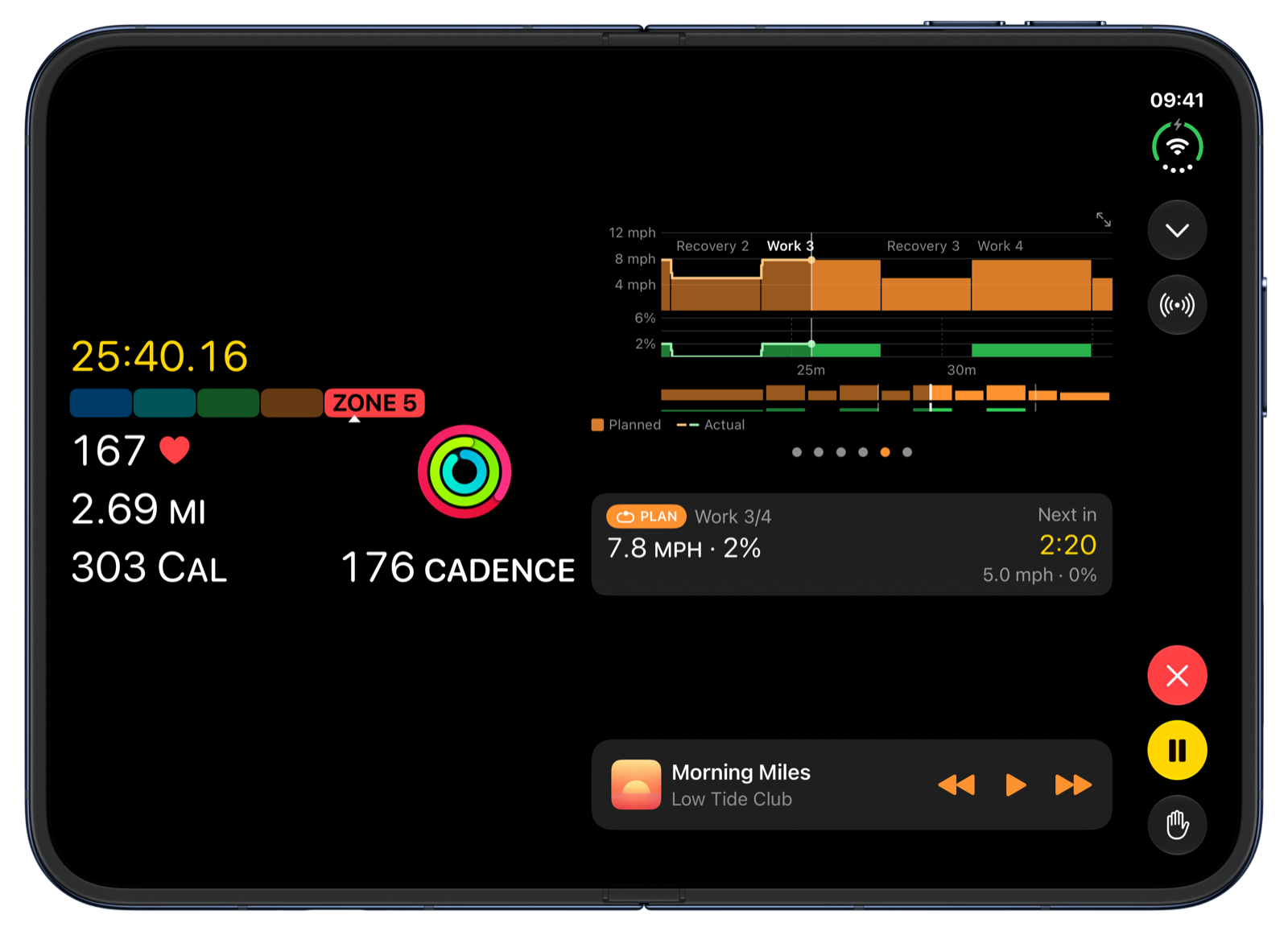 Klemy Treadmill running a planned workout, its chart at Work 3 of 4, on an open iPhone Duo