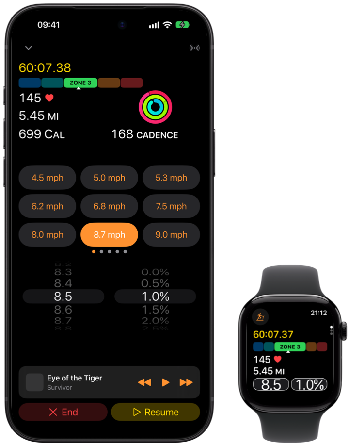 Klemy Treadmill mid-workout on iPhone and Apple Watch