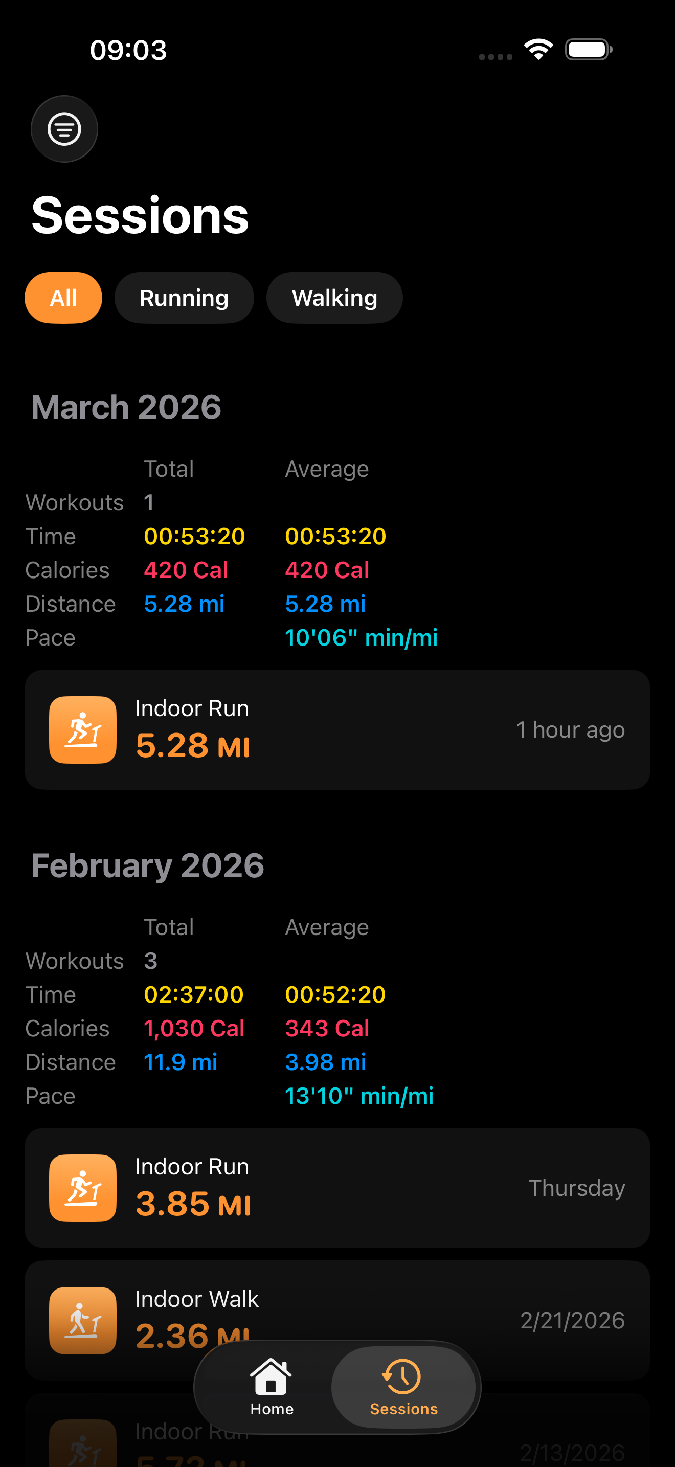 Virtual Treadmill iPhone sessions screen