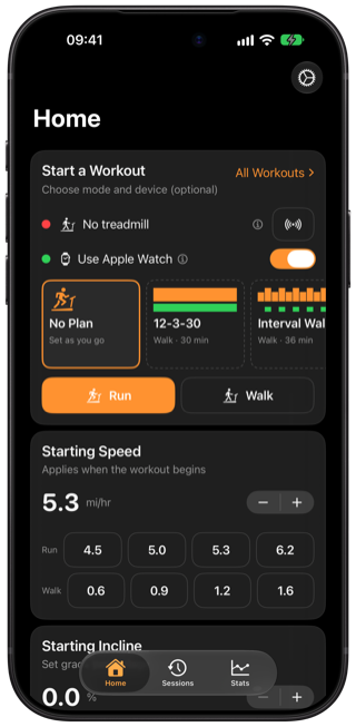Klemy Treadmill’s home screen on iPhone